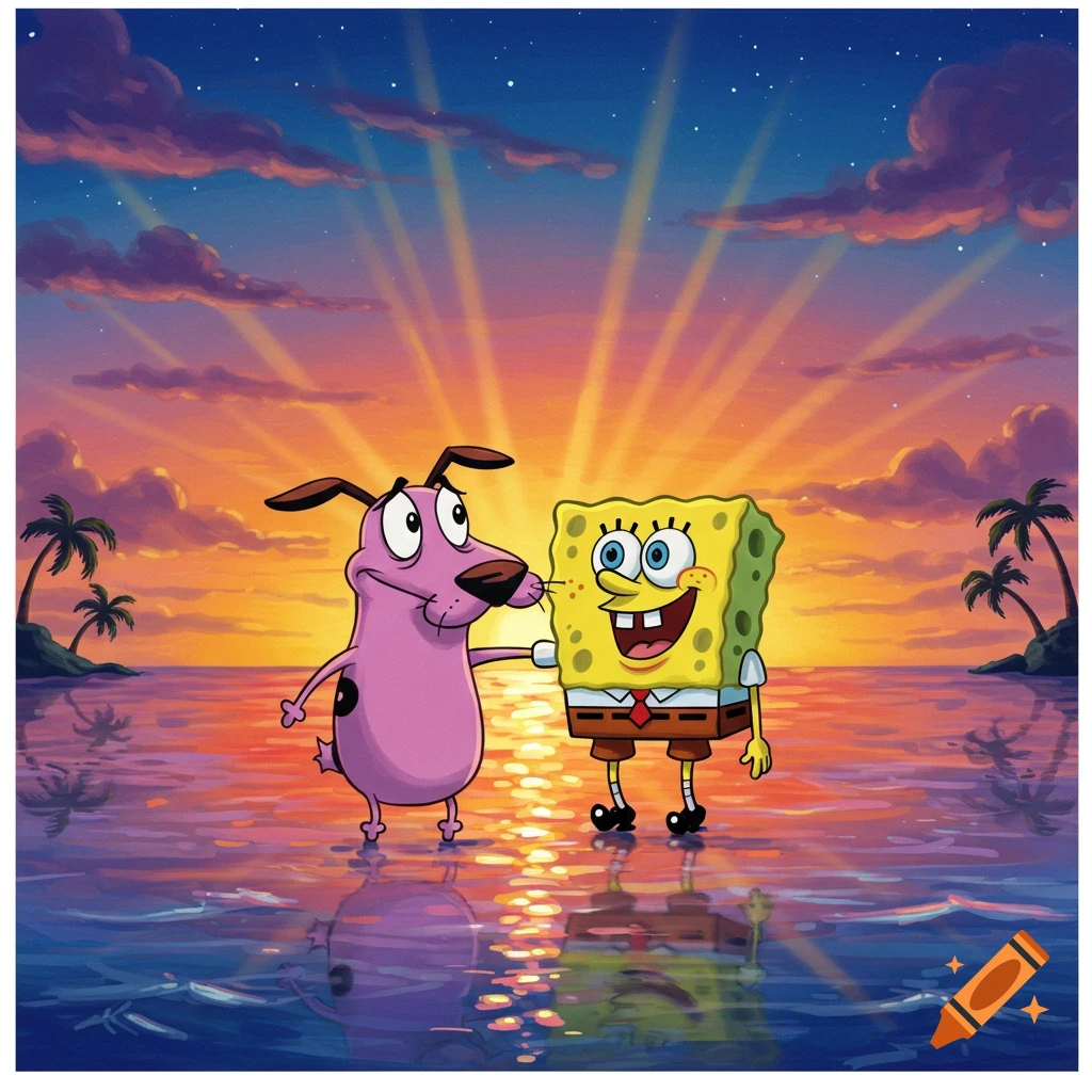 Cartoon characters Courage the Dog and Spongebob Squarepants stand in reflective water at sunset with palm trees.