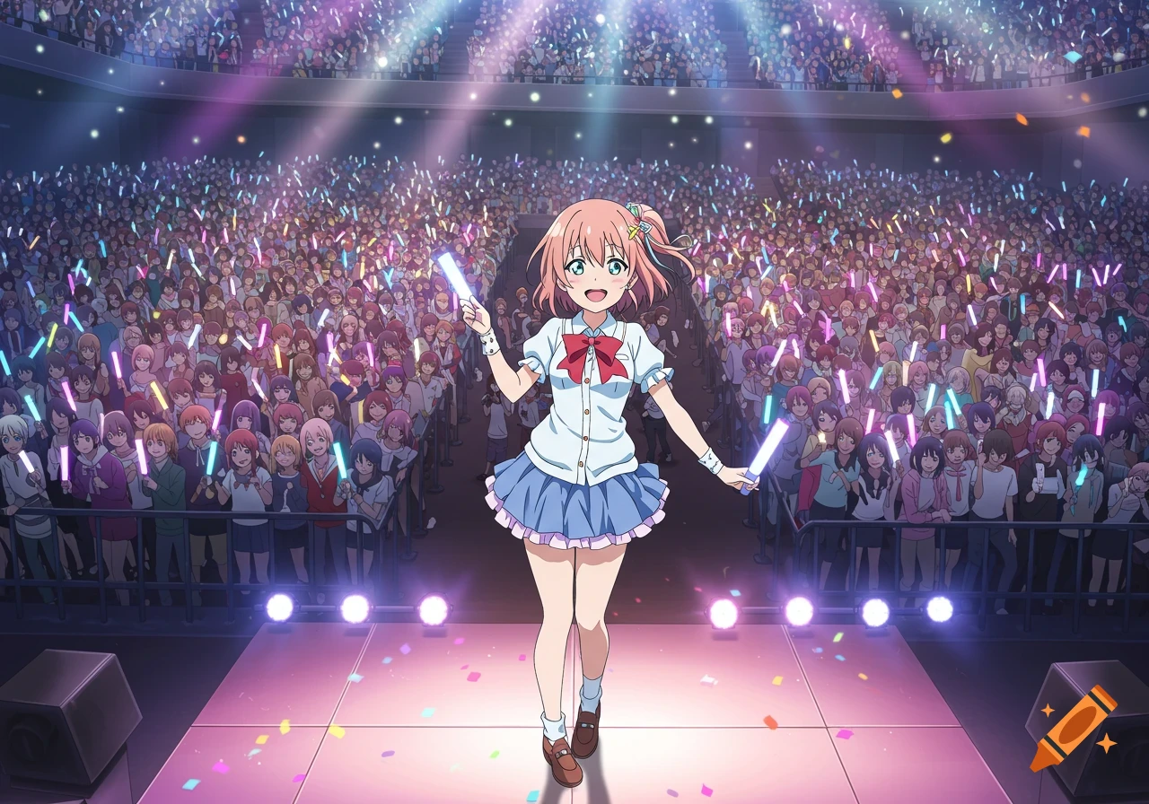 An anime girl smiles on a stage, holding glow sticks, in front of a cheering crowd at a concert.