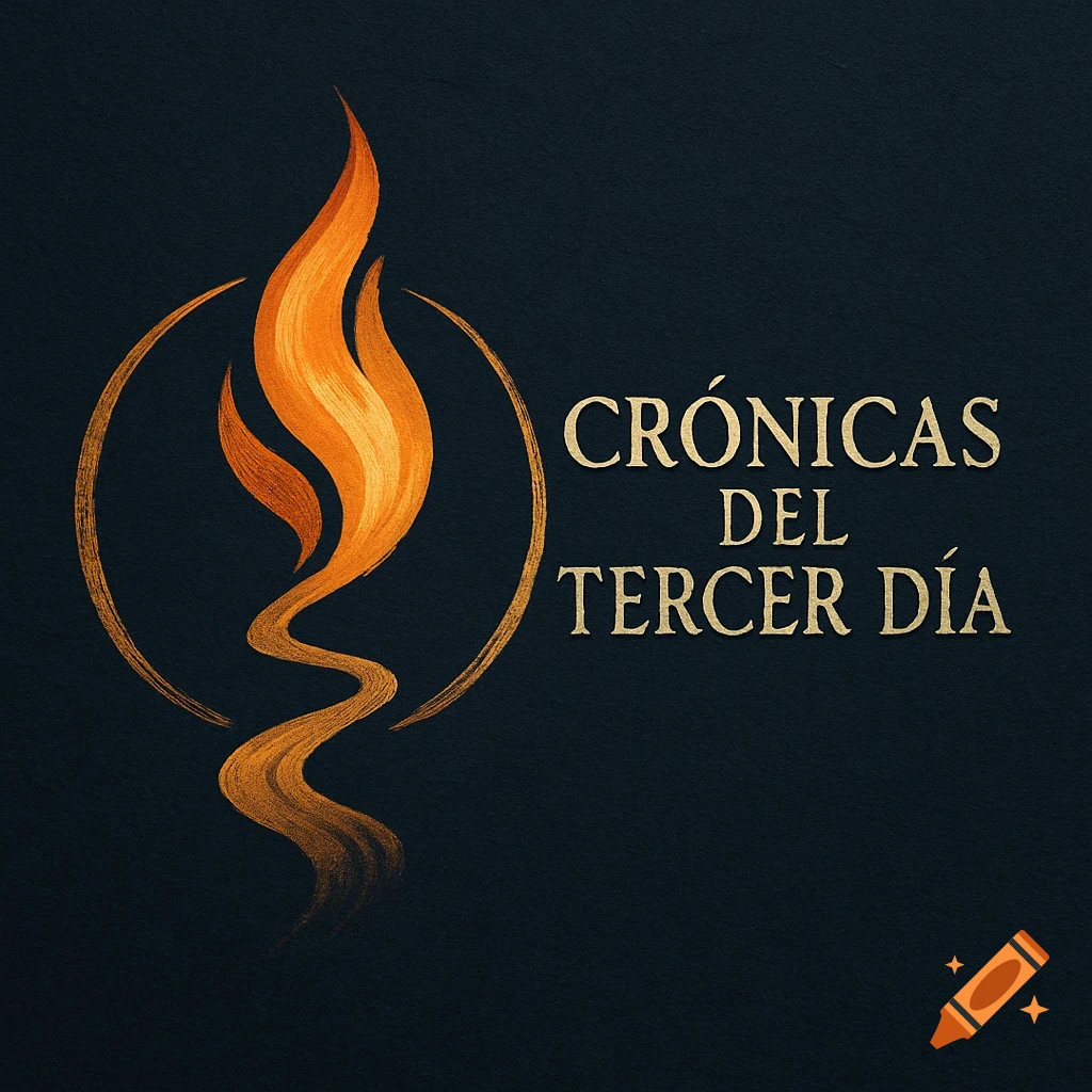 A dark blue logo features an abstract orange and gold flame, resembling a winding path, enclosed by an open gold circle. Gold text reads "CRÓNICAS DEL TERCER DÍA."