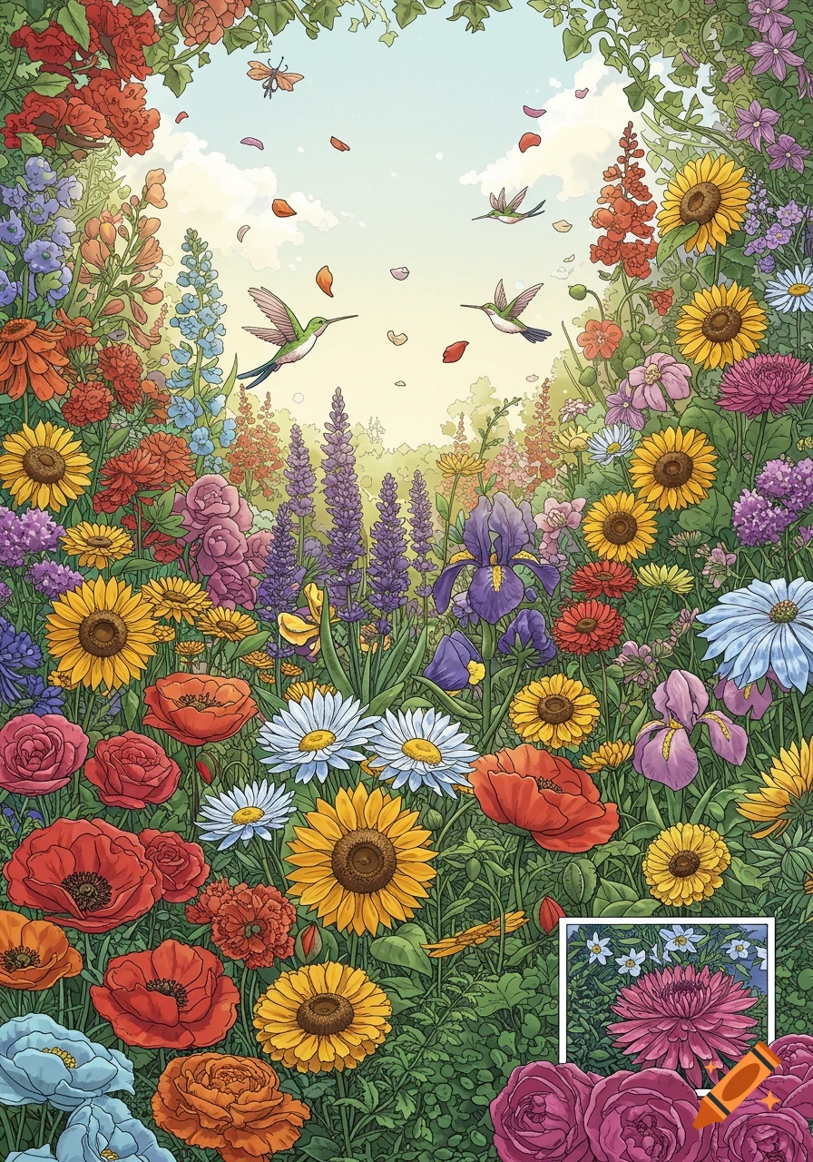 A vibrant illustration of a lush flower garden with various colorful blooms, green foliage, and hummingbirds flying above.