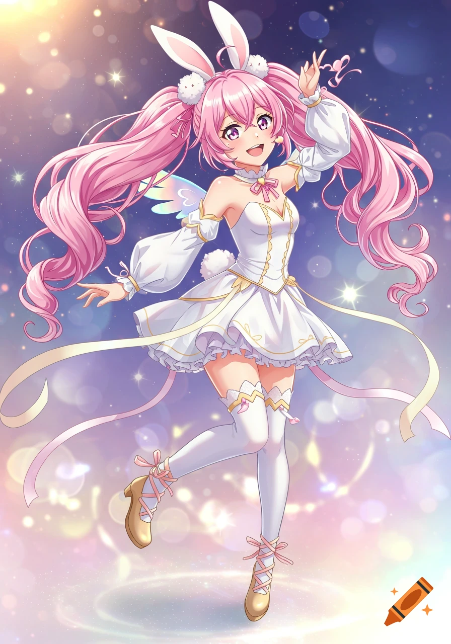 An anime girl with long pink pigtails, bunny ears, and small wings, wearing a white dress, against a sparkling magical background.