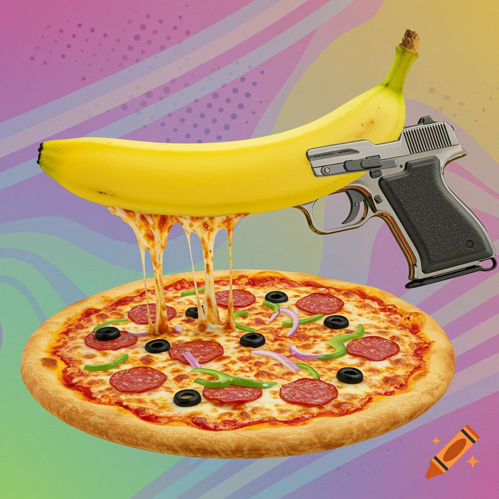 A banana with a pistol attached drips melted cheese onto a pepperoni pizza against a colorful, abstract background.