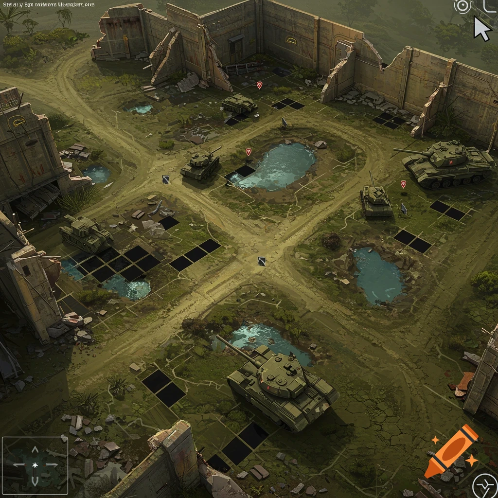 Top-down view of a realistic tank combat game level featuring green military tanks on a dirt battlefield with some water puddles and destroyed walls, with black squares indicating missing texture tiles and an overlay of cursor/direction keys.