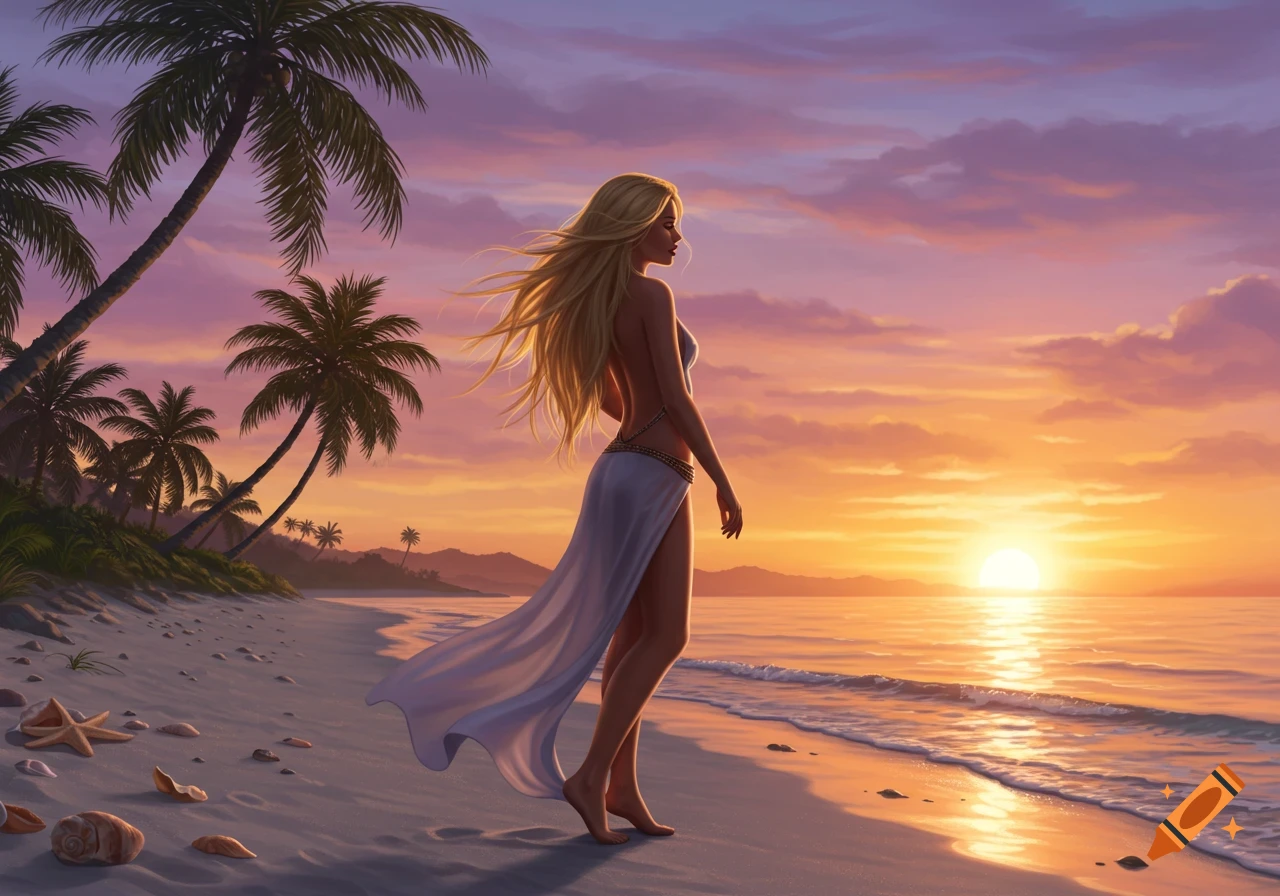 A blonde woman in a flowing skirt stands on a beach at sunset, with palm trees and a vibrant sky.