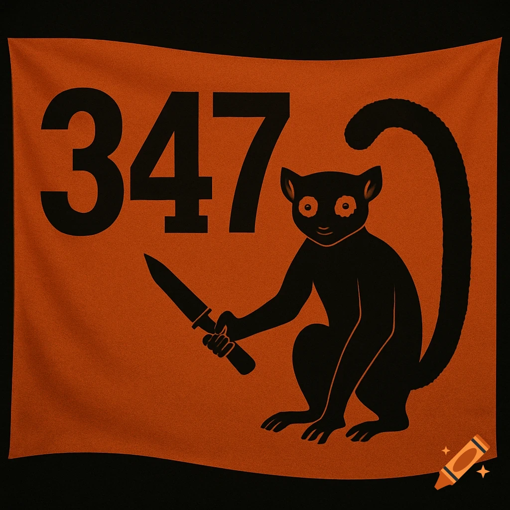A minimalist graphic of a black lemur holding a knife, set against a textured orange flag with the bold black numbers "347" visible.