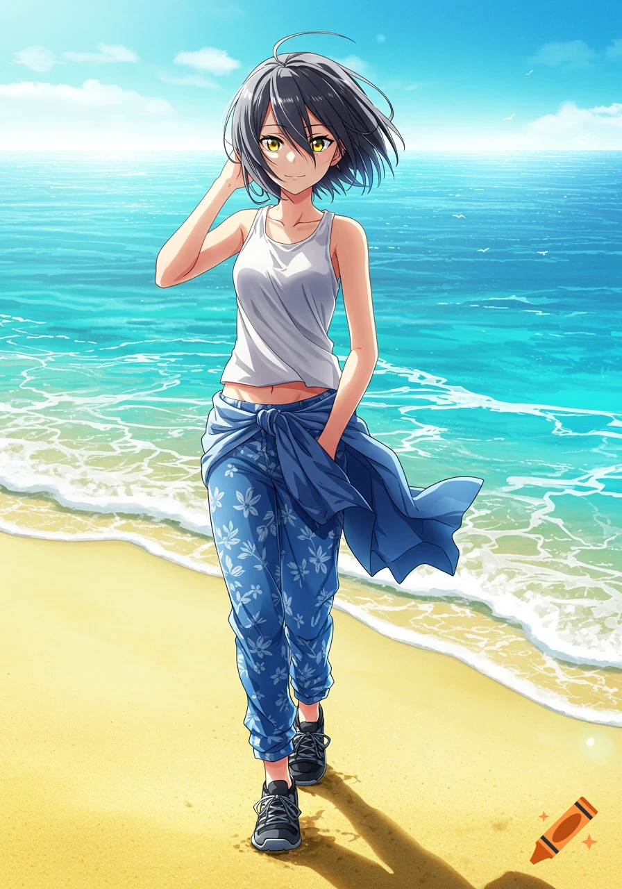 An anime girl with short dark silver hair and yellow eyes walks on a sandy beach. She wears a white tank top, blue floral pants, and a blue shirt tied around her waist.
