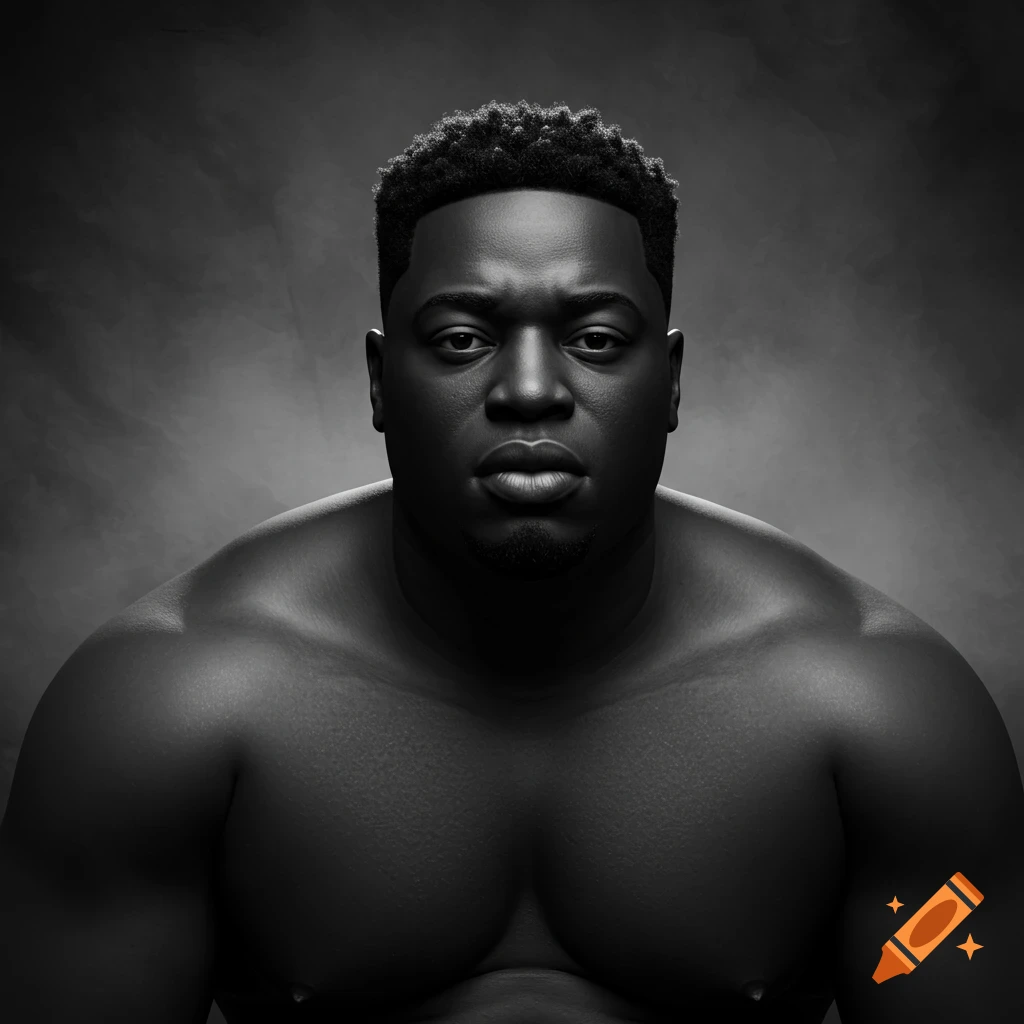 A black and white studio portrait of a muscular African American man with a fade haircut, looking directly at the viewer.
