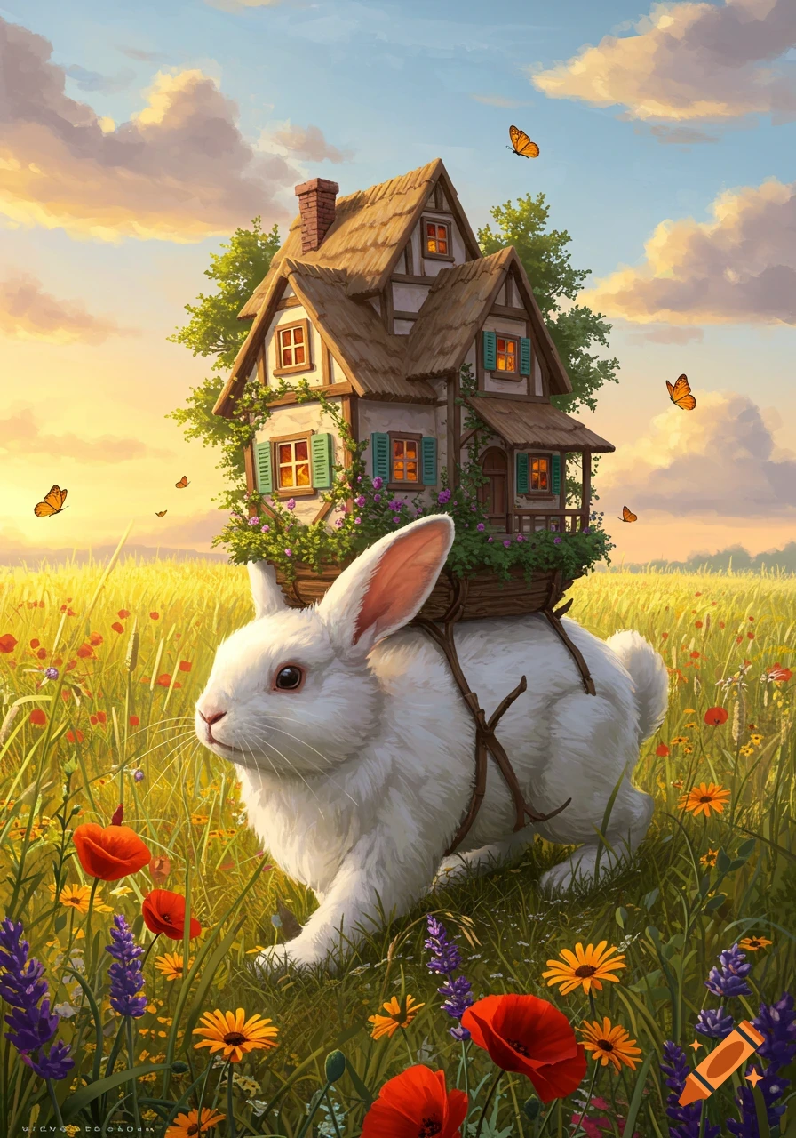 A white rabbit with a small, whimsical house on its back walks through a vibrant field of colorful wildflowers under a sunny sky.