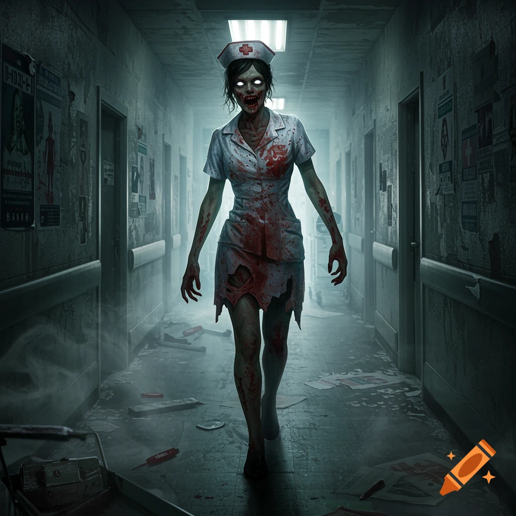 A terrifying zombie nurse covered in blood with glowing white eyes walks down a dark, abandoned hospital hallway.