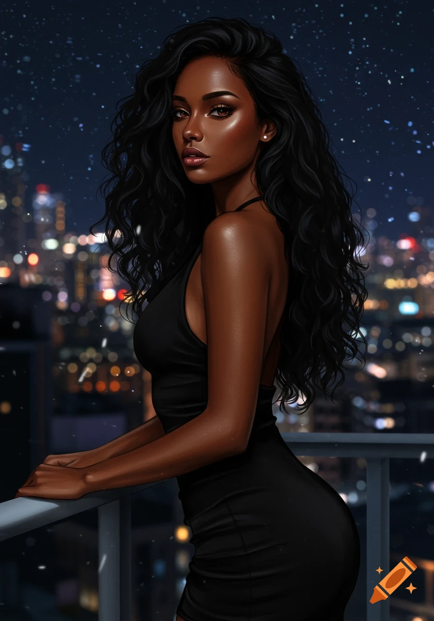 A beautiful woman with long dark curly hair and a black dress stands on a penthouse balcony overlooking a city at night.