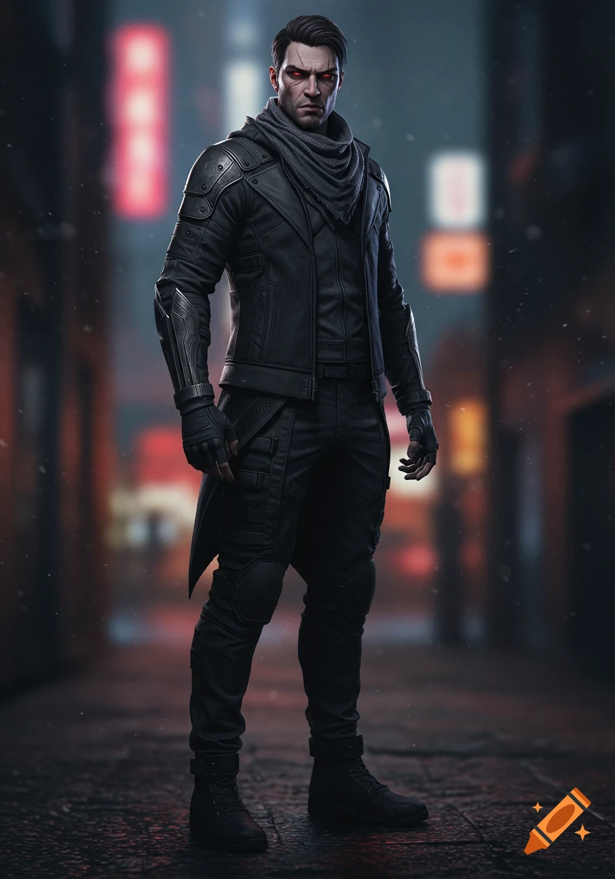 A man in black tactical clothing and a gray scarf stands in a blurred urban nightscape, with red, piercing eyes and dark hair.
