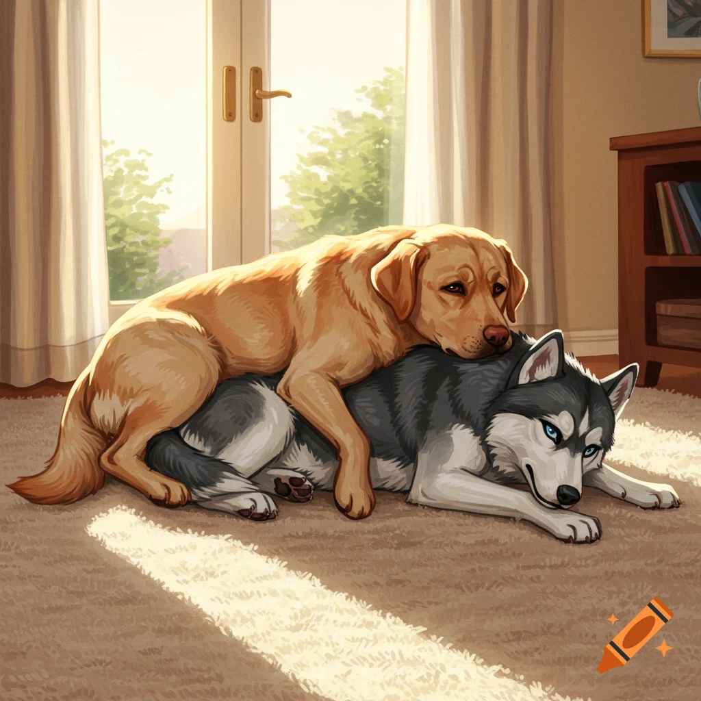 An illustrated yellow Labrador retriever lies on top of a gray husky on a sunlit rug indoors.