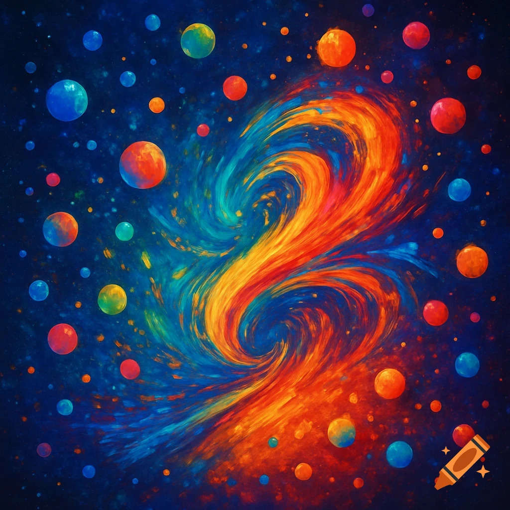 An abstract image of vibrant orange, red, and blue swirling colors, surrounded by colorful spheres against a dark background.