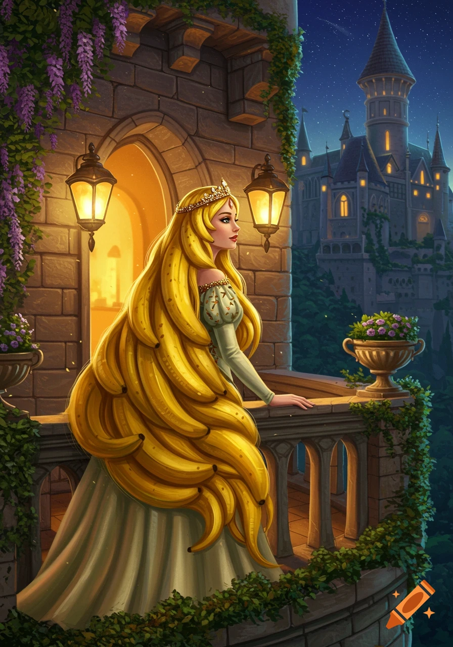 Illustrated princess with long banana hair on a castle balcony at night, gazing at a distant castle.