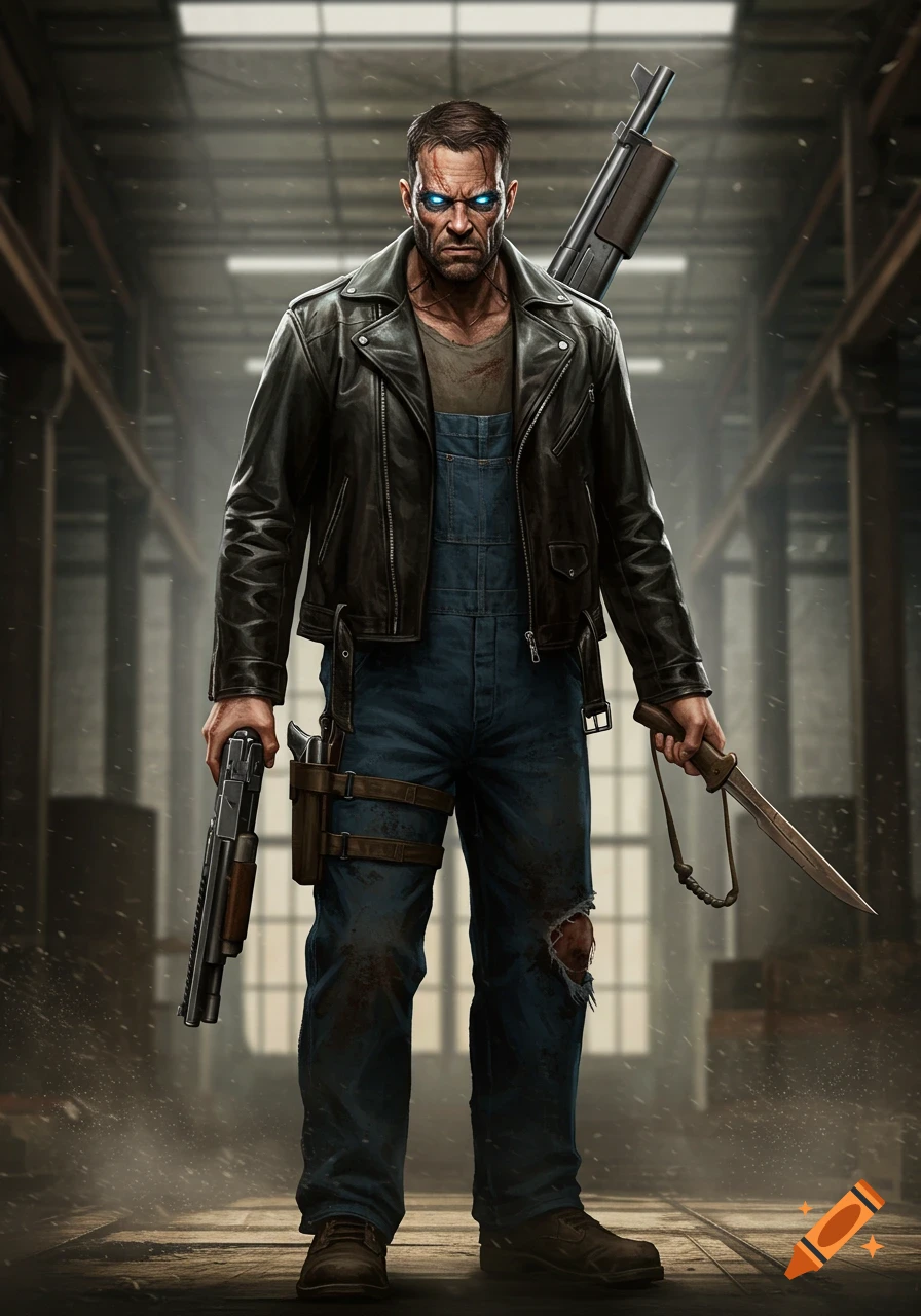 A full-body image of a stern man with glowing blue eyes, wearing a leather jacket and overalls, holding a shotgun and a knife in an industrial setting.