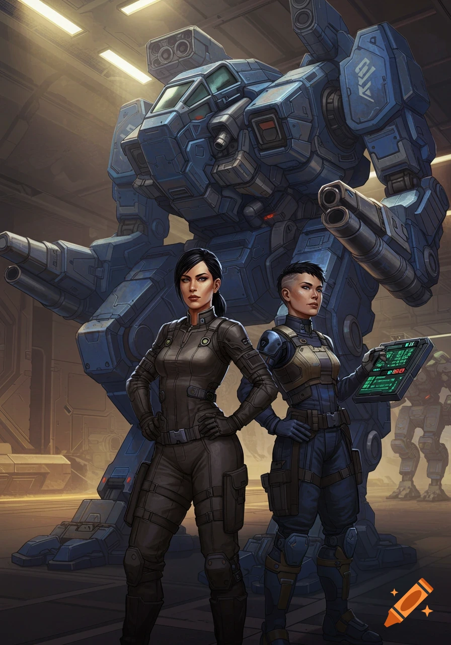 Two female pilots in a hangar stand in front of a large blue BattleMech, with another mech in the background, in a science fiction art style.