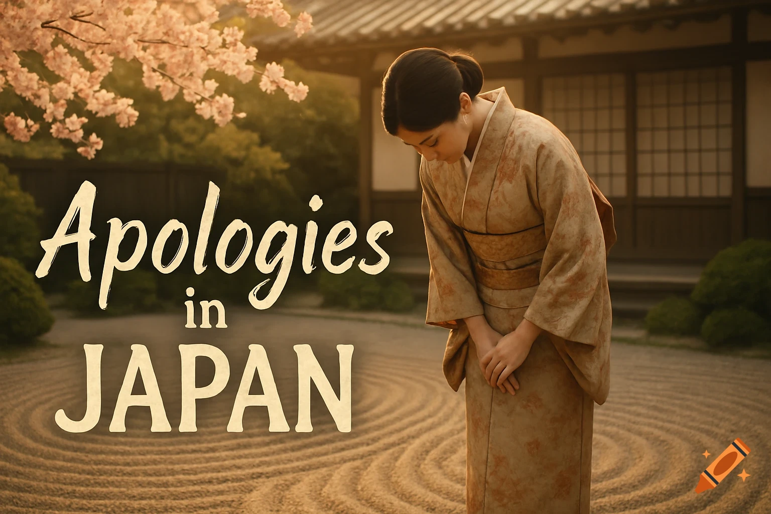 A Japanese woman in a kimono bows in a raked zen garden under cherry blossoms, with the text 'Apologies in JAPAN'.