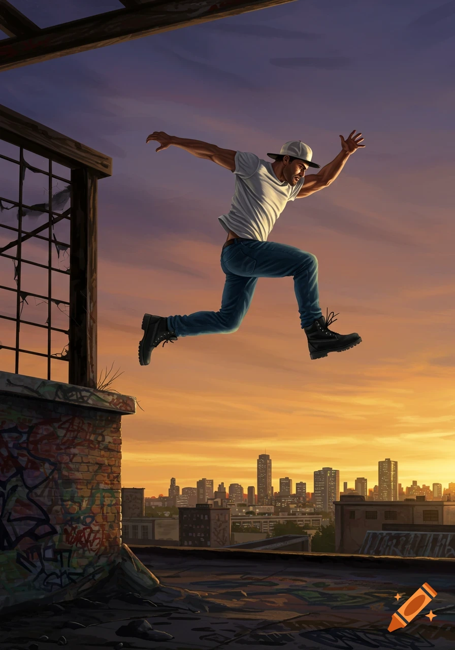 A man in a white t-shirt and jeans jumps between rooftops at sunset in an urban landscape, digital art.