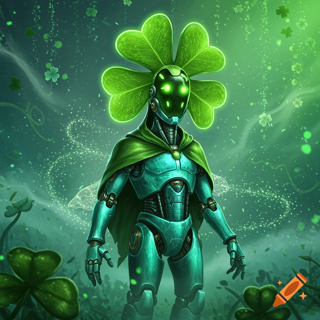 A green, armored robot with glowing eyes and a large four-leaf clover for a head wears a cape in a mystical green forest.