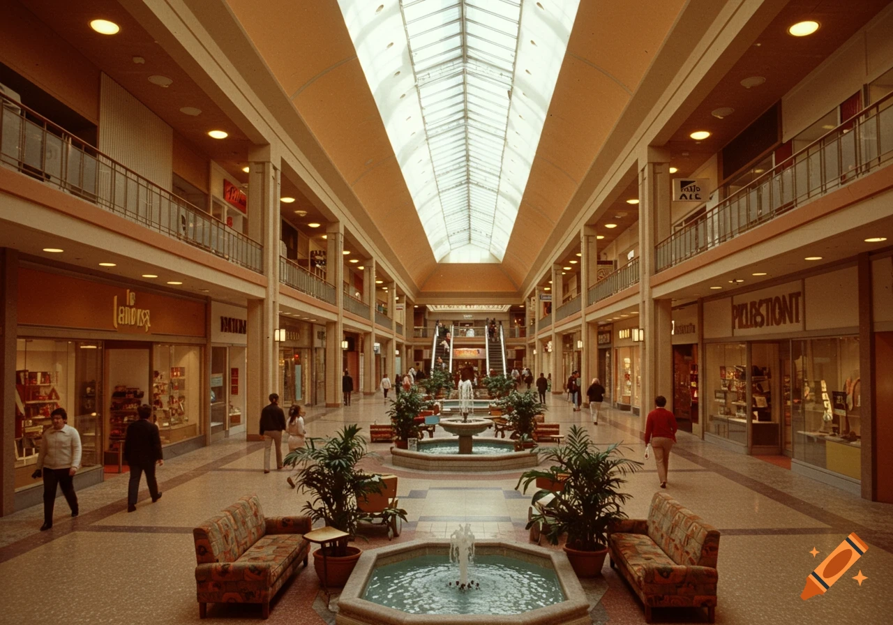A wide, eye-level shot of a large indoor shopping mall from the 1970s with a skylight, fountains, plants, and people walking along stores.