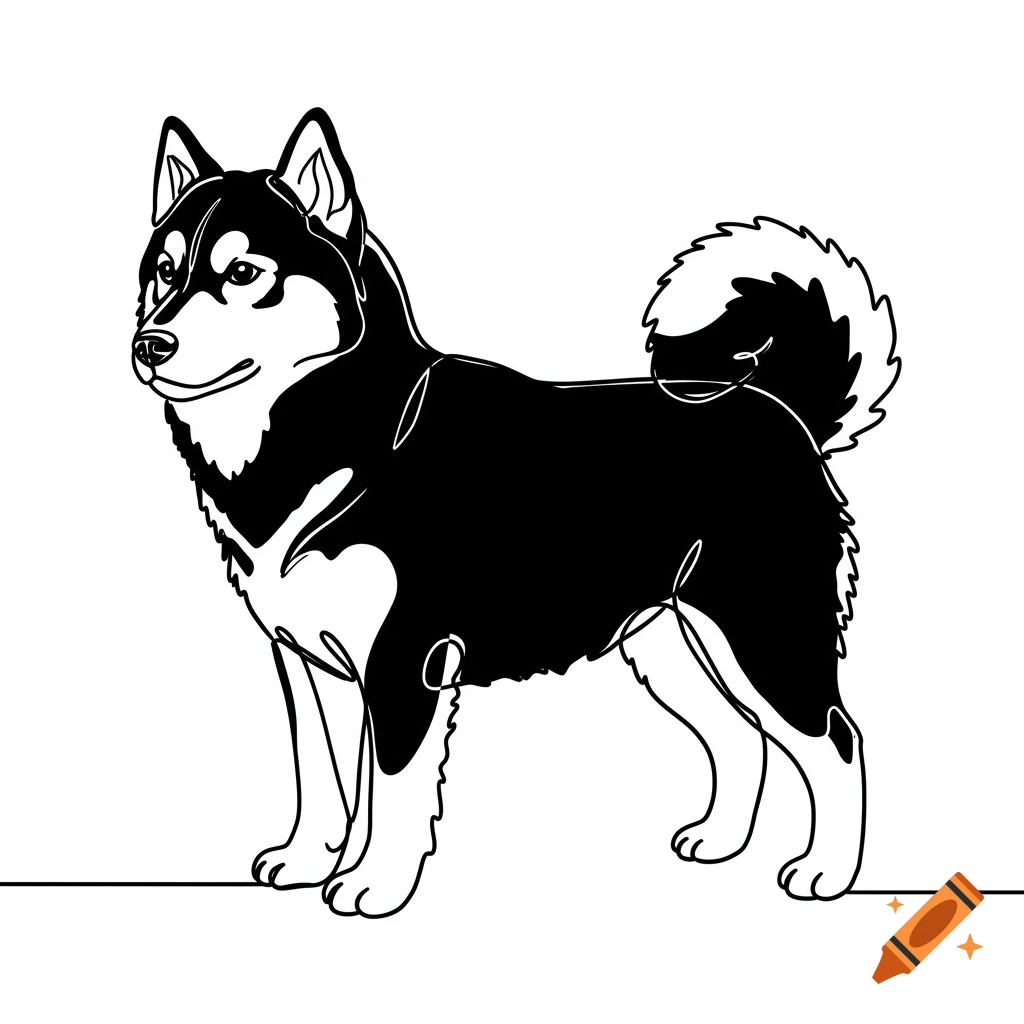 A stylized black and white husky drawn in a single continuous line art style, standing on a white background.