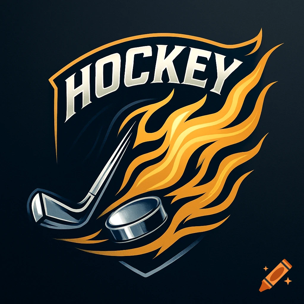 A dynamic hockey logo featuring a chrome stick, a puck, and stylized yellow-gold flames, with the word "HOCKEY" above.