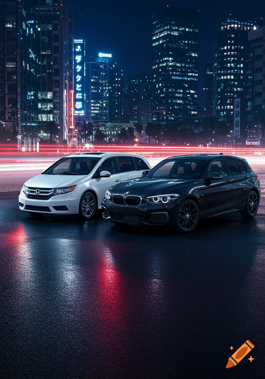 A white minivan and a black hatchback are parked on a wet city street at night, with blurred light trails and illuminated buildings in the background.