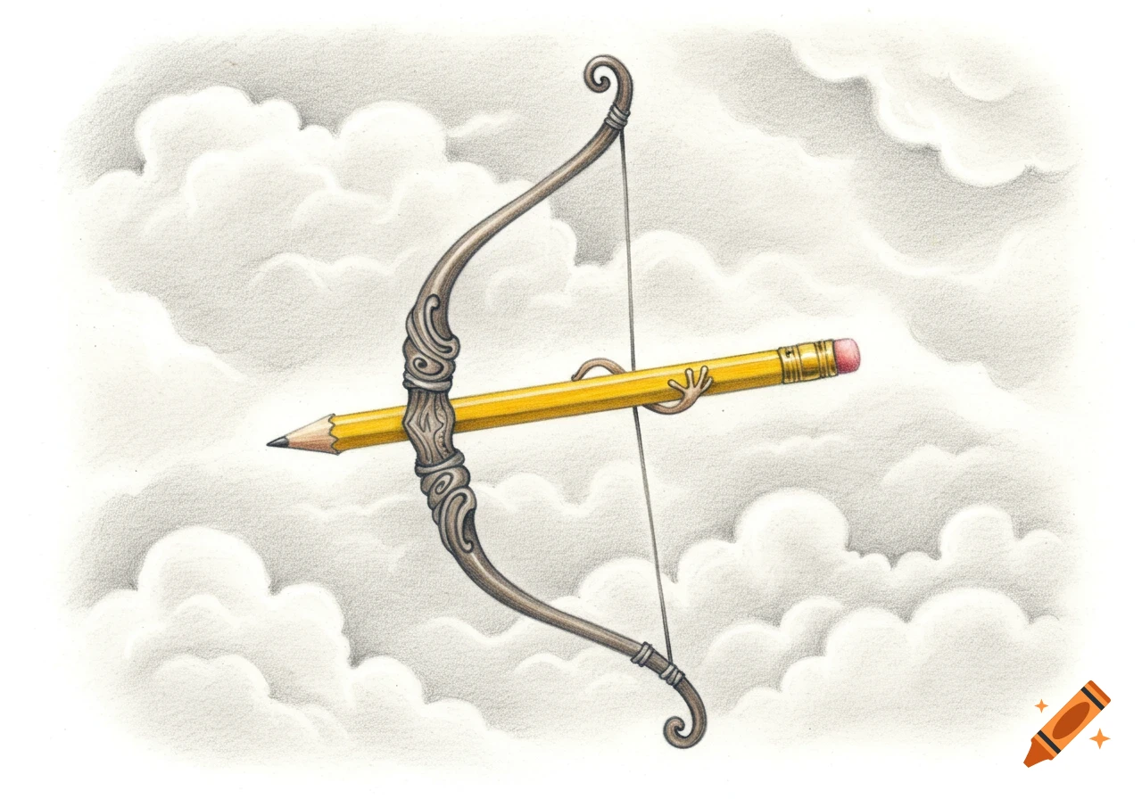 A drawing of an ornate Cupid's bow firing a yellow pencil as an arrow, set against fluffy white clouds.