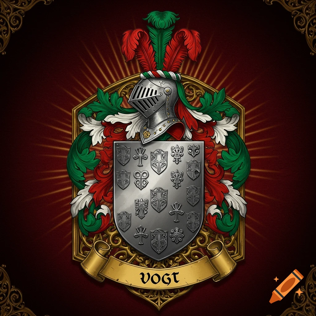A detailed illustration of a family crest featuring a silver knight's helmet, ornate green, white, and red foliage, and a shield with various small crests, all above a gold banner inscribed with the name "VOGT". The crest is set against a deep red background with golden radiating lines.