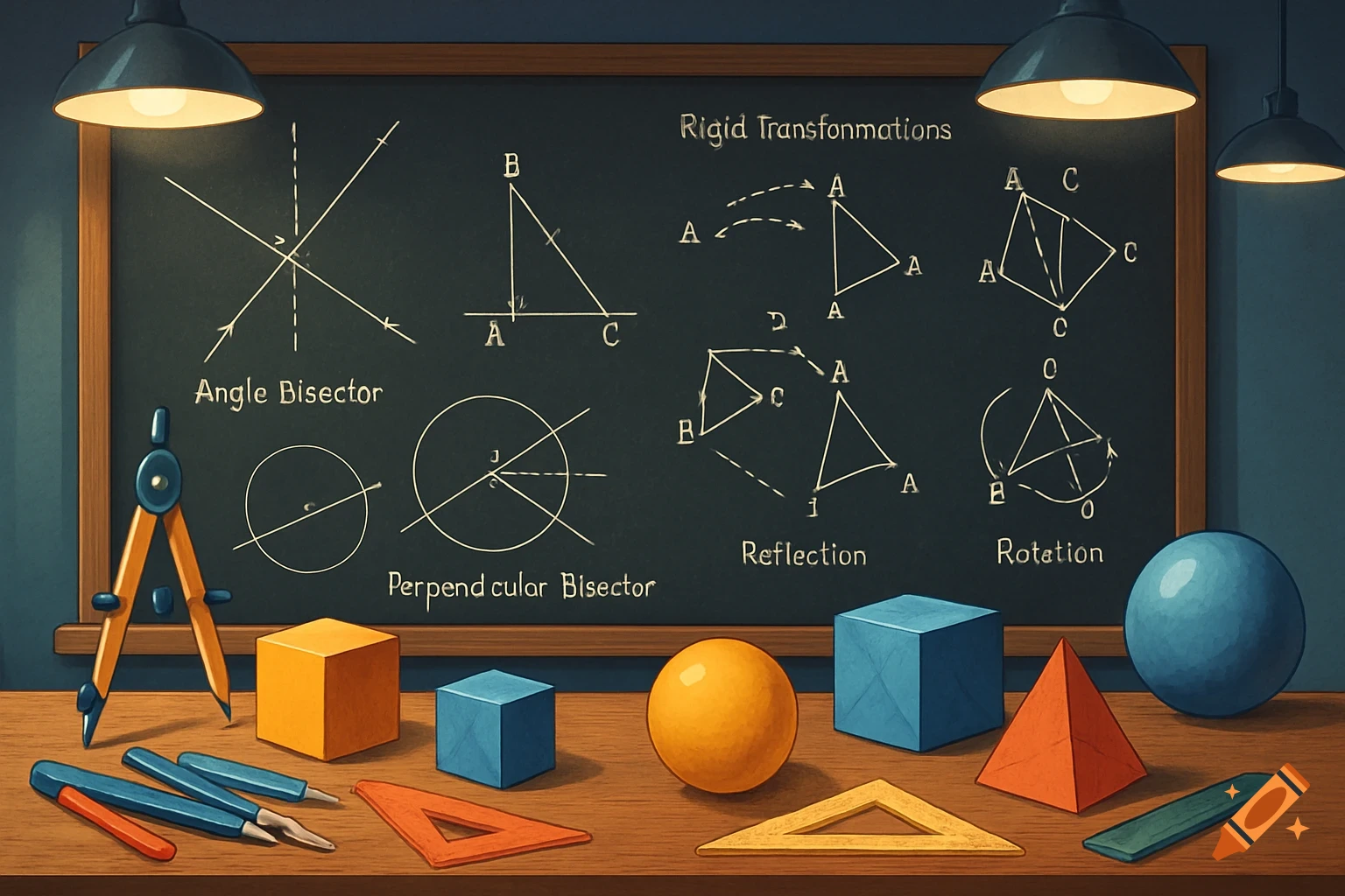A blackboard displays geometry diagrams for angle bisectors, perpendicular bisectors, reflections, and rotations. On the table below are various colorful geometric shapes and math tools like a compass and rulers.