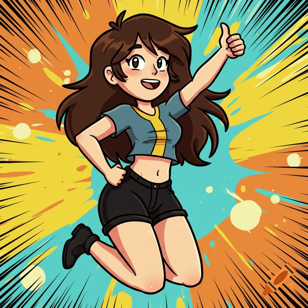 A cheerful cartoon girl with brown hair, wearing a blue crop top and black shorts, jumps and gives a thumbs up against a vibrant, comic-style background.