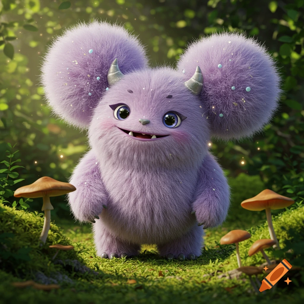 A cute, fluffy purple monster with large ears, horns, and big eyes smiles happily in a lush green forest with mushrooms.