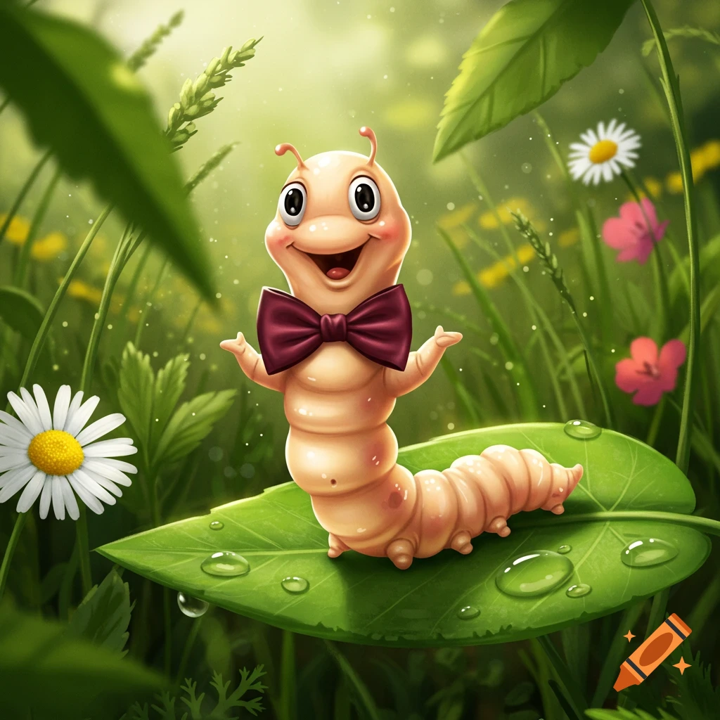 A cheerful cartoon worm with a burgundy bow tie stands on a dew-covered green leaf in a sunny field with daisies.