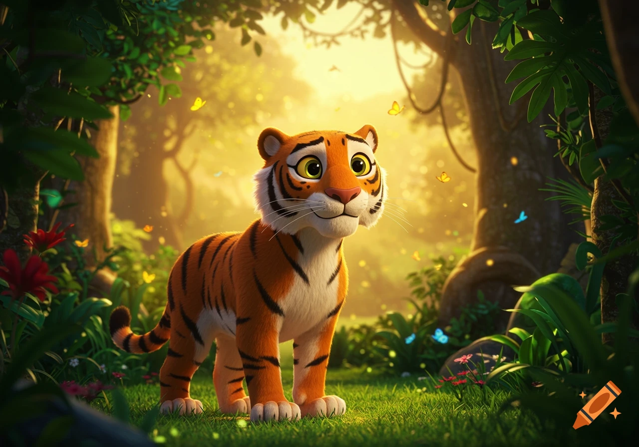 A cute, Pixar-styled cartoon tiger stands in a sunlit jungle clearing with butterflies.