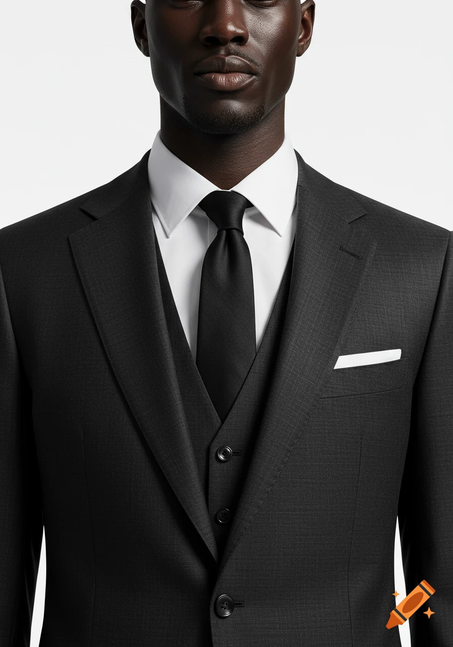 Close-up portrait of a dark-skinned man in a dark suit, white shirt, and black tie against a white background.