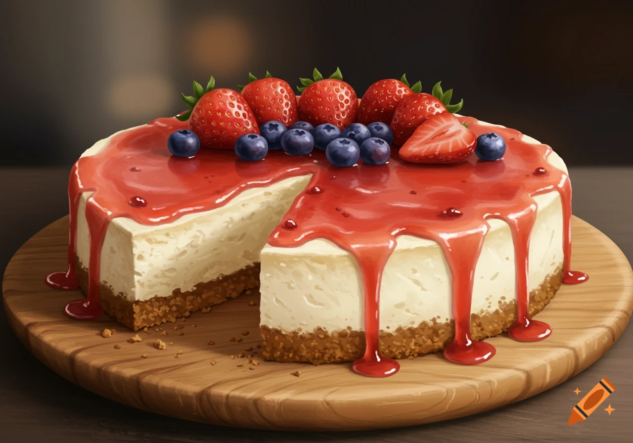 A luscious cheesecake with a slice removed, topped with glossy strawberry glaze and fresh strawberries and blueberries on a wooden platter.