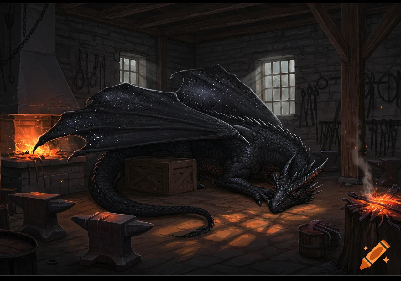 Black dragon with starry wings sleeping in a dark blacksmith shop next to a forge, digital art.