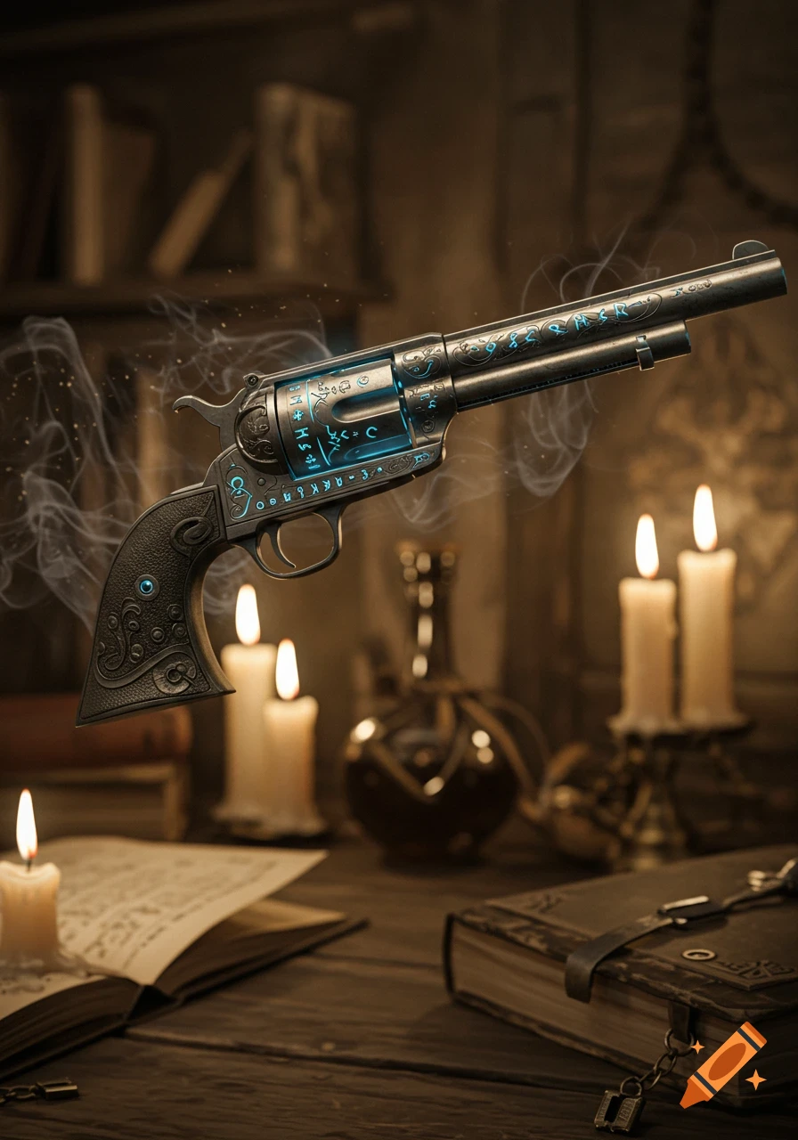 A glowing arcane revolver with blue mystical symbols floats in a dark, candlelit room filled with old books.