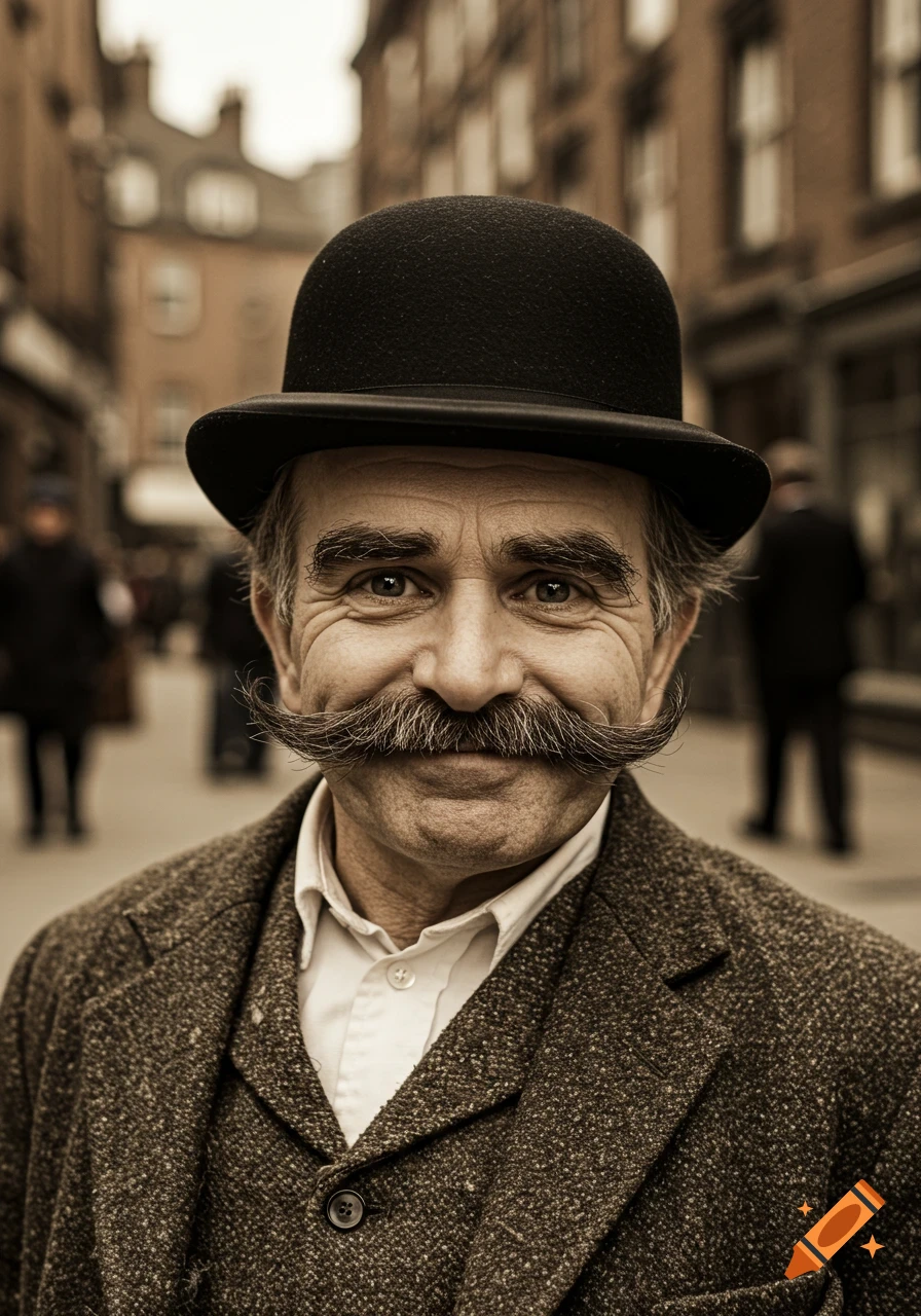 Close-up portrait of an older man with a large handlebar mustache and bowler hat, wearing a tweed jacket, on a city street.