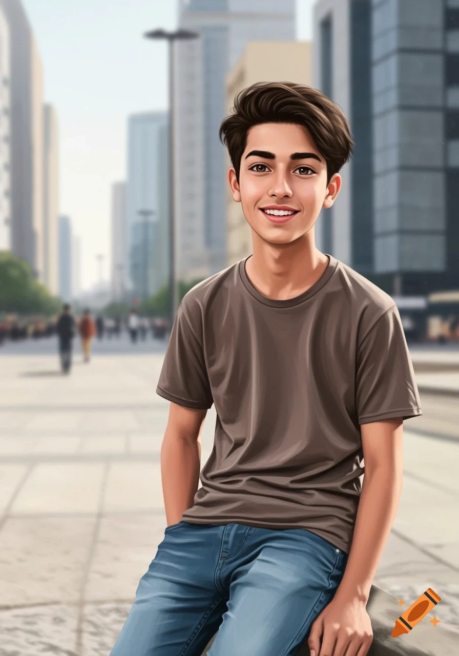 An illustrative portrait of a smiling teenage boy in a brown t-shirt and jeans, standing in an urban setting.