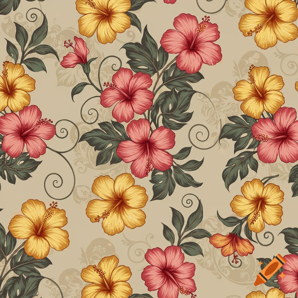 A seamless pattern of pink and yellow hibiscus flowers with green leaves on a beige background.
