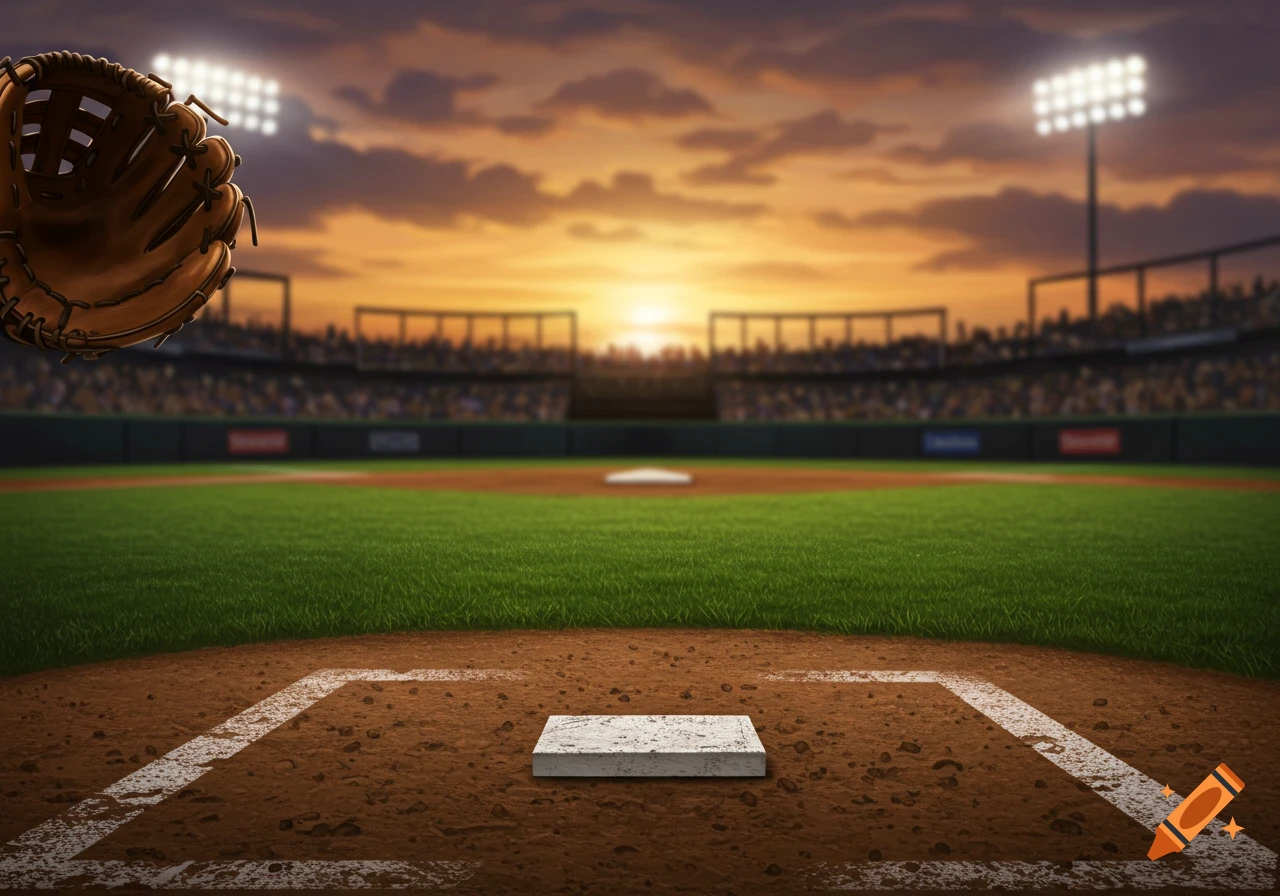 A baseball field at sunset, viewed from the pitcher's mound with home plate in the foreground.