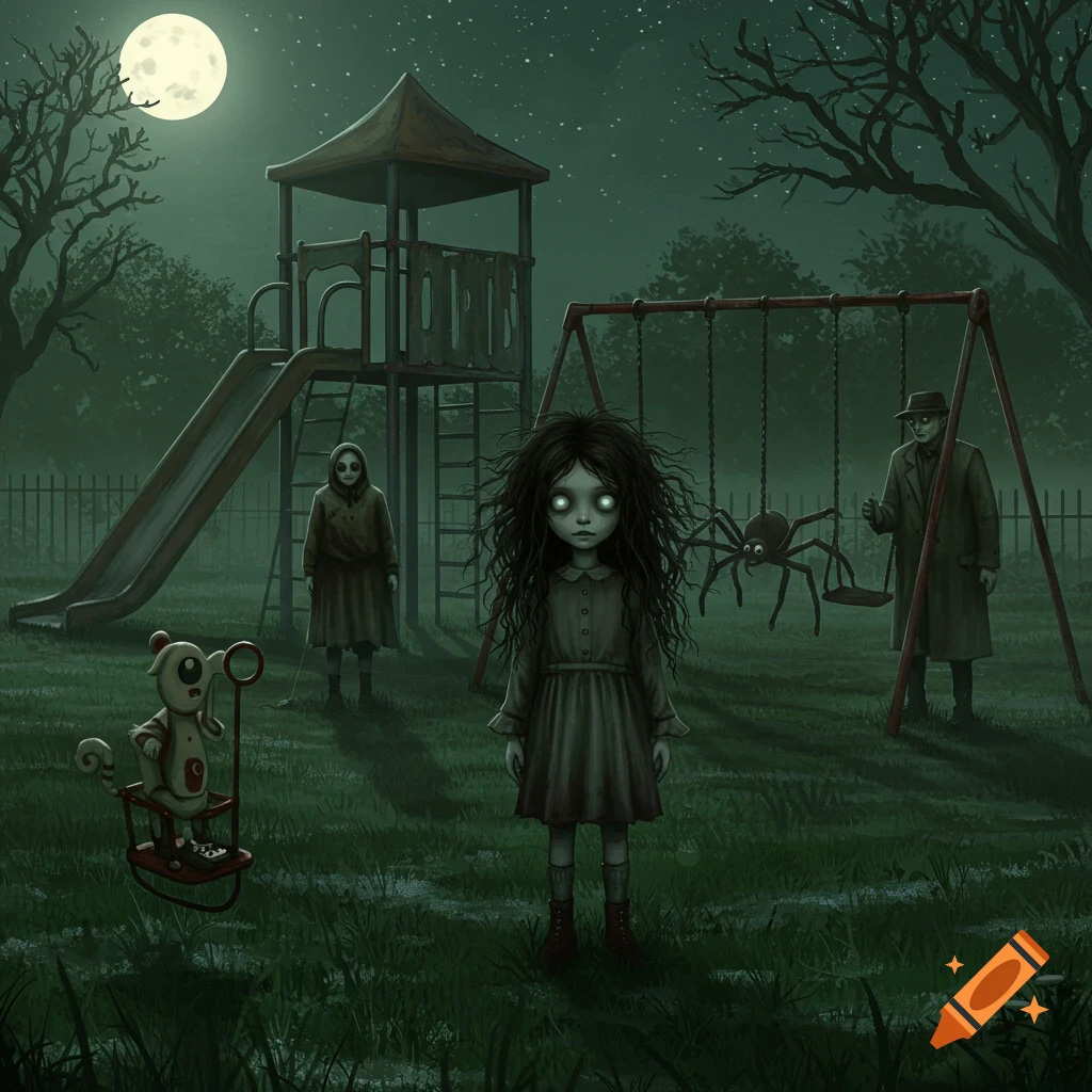 Eerie illustration of a glowing-eyed girl, masked figure, and man on a dark playground with a spider on a swing under a full moon.