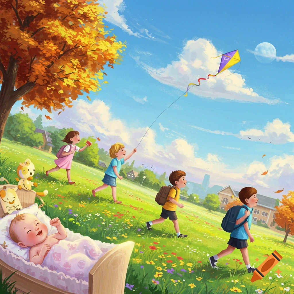 Vibrant illustration shows a baby in a crib and progressively older children walking up a grassy hill with autumn trees, under a blue sky with a kite.
