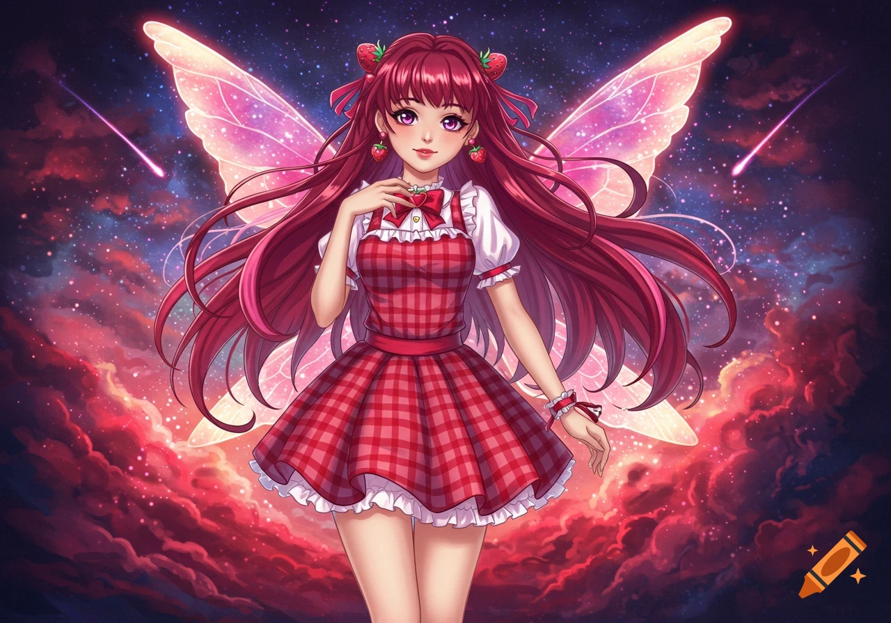 An anime magical girl with long burgundy hair, glowing pink fairy wings, and a red gingham dress, standing in a magical night sky with clouds and shooting stars.
