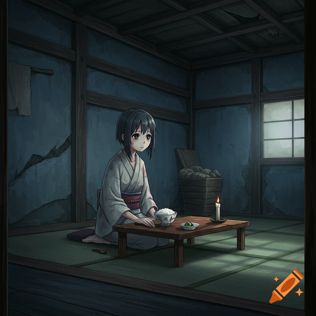 An anime girl in a kimono sits on the floor of a dimly lit, old wooden room, eating a small bowl of rice by candlelight.
