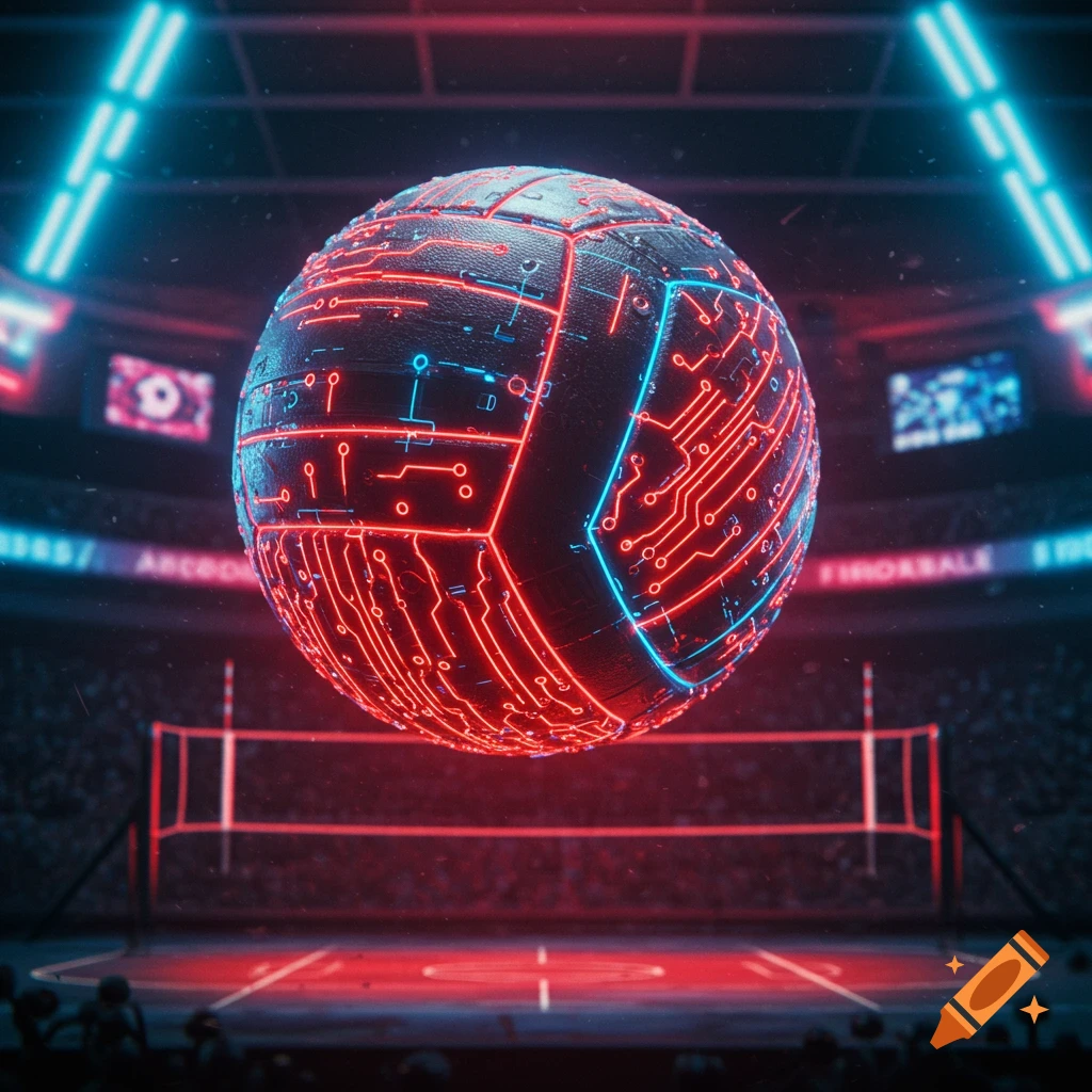 A futuristic volleyball with glowing red and blue circuits floats over a neon-lit court in a stadium.