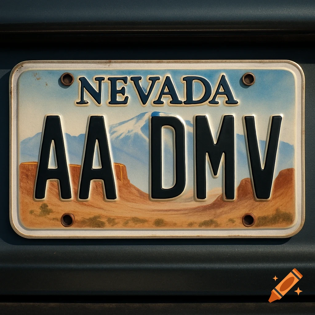 Close-up photorealistic image of a Nevada license plate with the number AA DMV.
