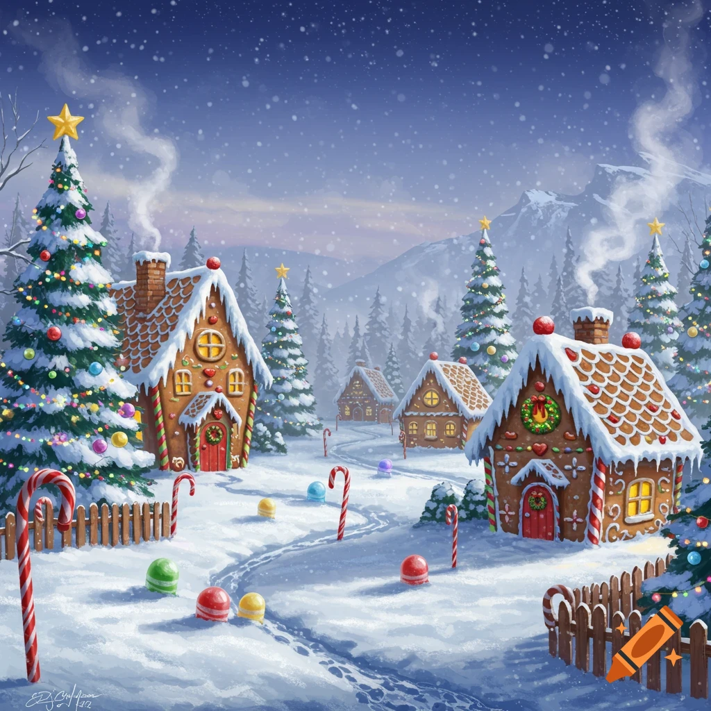 A snowy Christmas village with gingerbread houses, decorated trees, and candy canes under a starry sky.