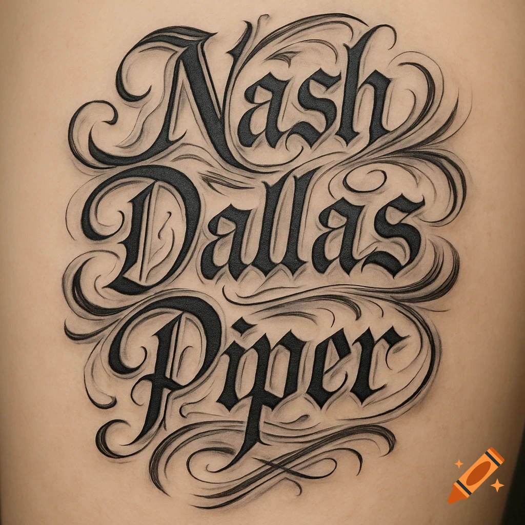 A black and white gothic script tattoo with the names Nash, Dallas, and Piper on skin.